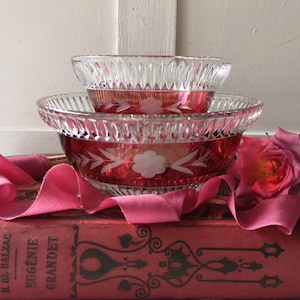 Französische Vintage Glas Deko Schalen, Rubin Rosa und Blumenradierung
