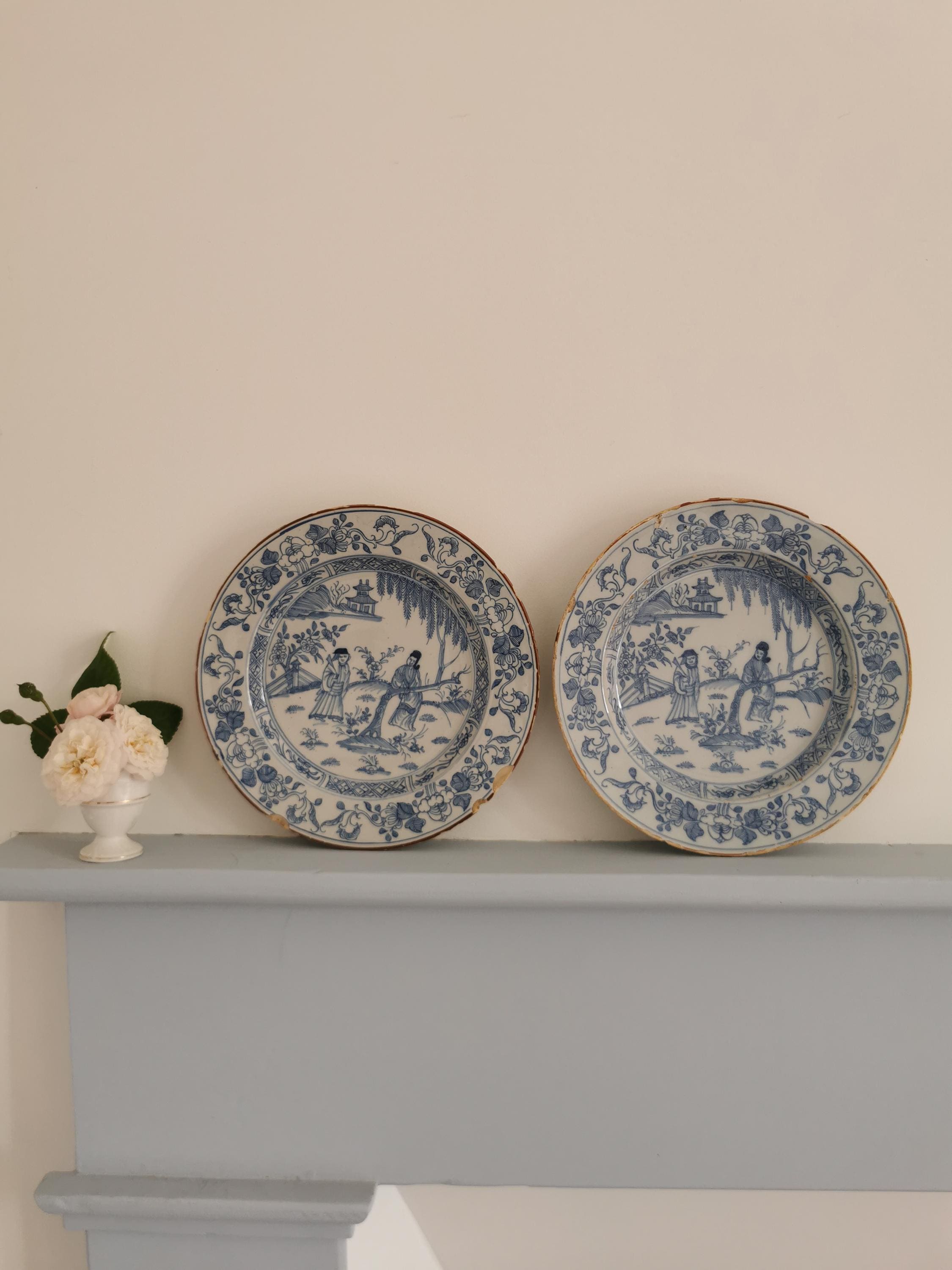 Antique Pair of Delftware Plates, Chinoiserie Plates, 18th Century