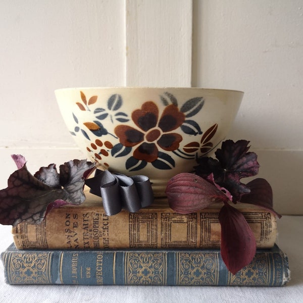 French Antique Ironstone Café au Lait Bowl, Made by 'Digoin Sarraguemines', Brown & Blue Floral Design