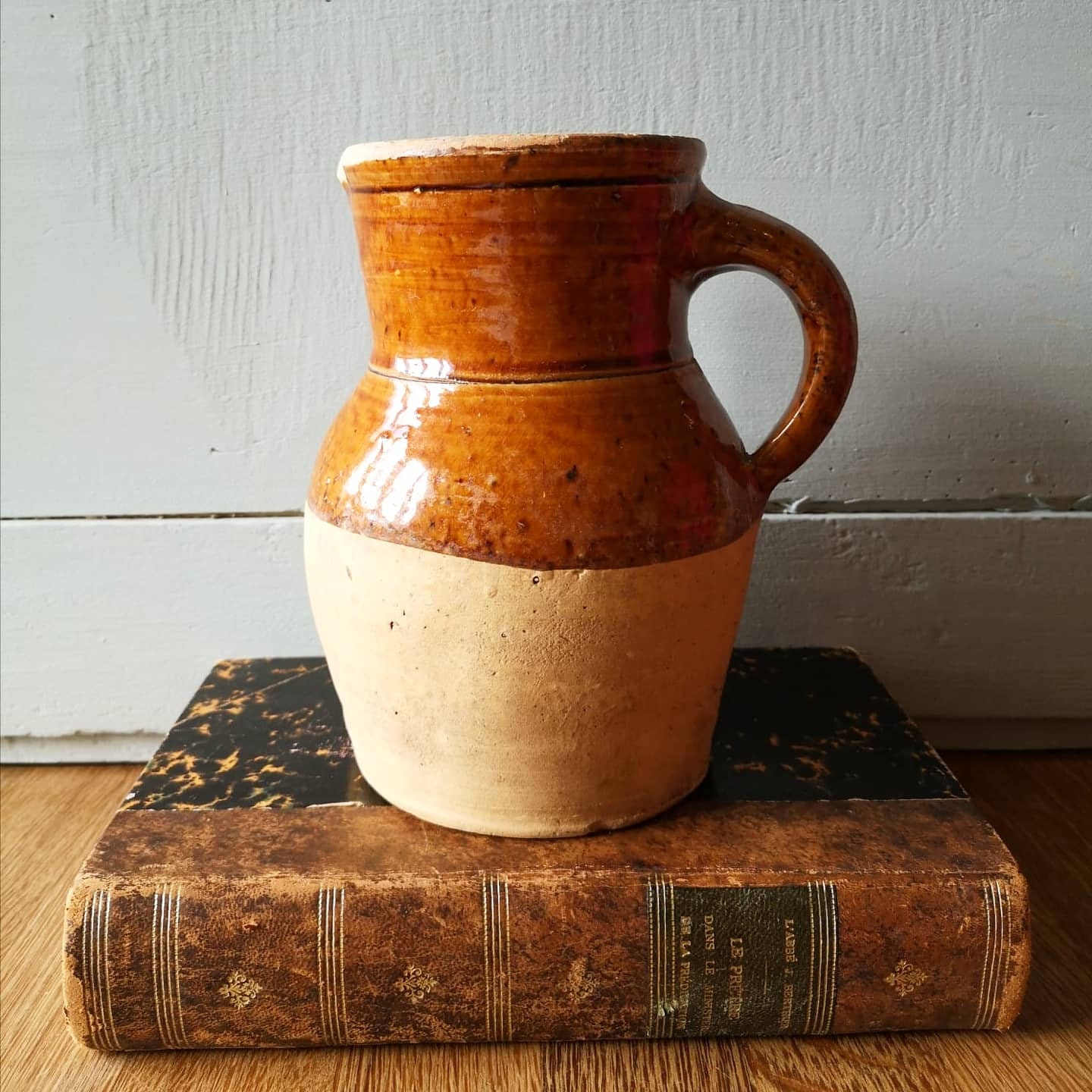 Belle Français Antique Semi-Vitré Stoneware Jug Pitcher, Traditionnel Country Kitchen Décor Rustique