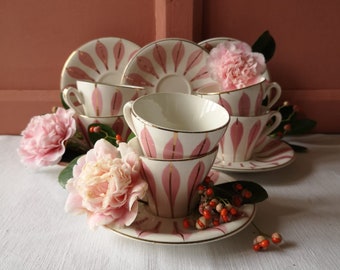 French Vintage Ironstone Cups & Saucers, Set of 6, Made by 'Digoin Sarraguemines', Pink and White Gold Retro Design