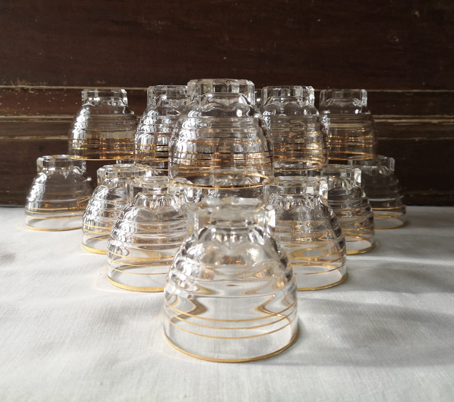 Français Vintage Gold Rimmed Glass, 1950's Foot Star Pressed Glass