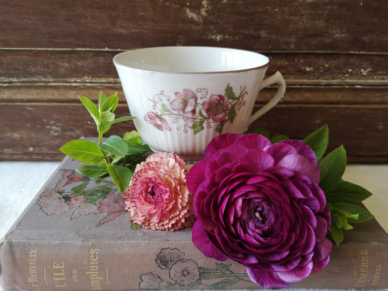 Français Thé de Chine Fine Antique ou Tasse Chocolat Chaud, Motif Floral Rose et Vert