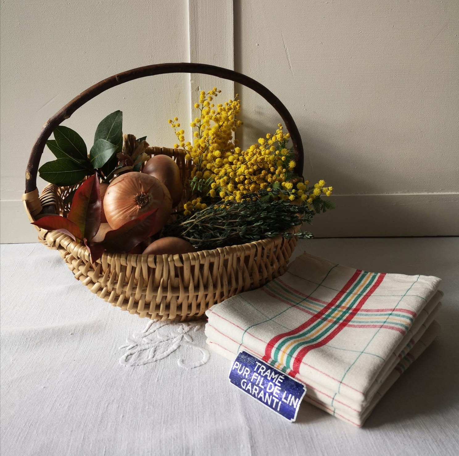 Français Vintage Pure Linen Tea Towels, Set de 3, Rouge Jaune et Vert Vérifié