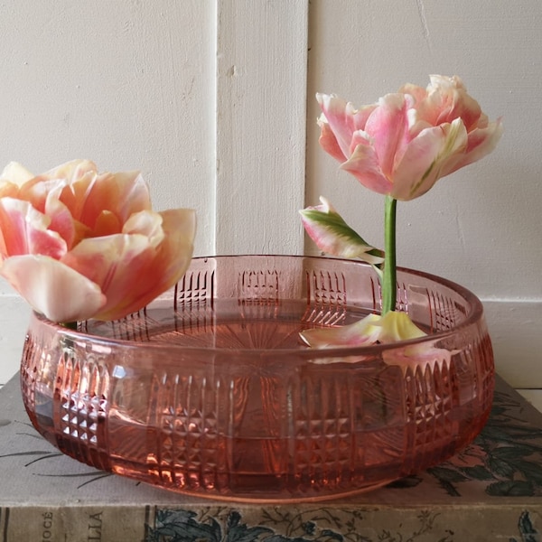 French Vintage Pink Pressed Glass Bowl, Salmon Pink Serving Bowl