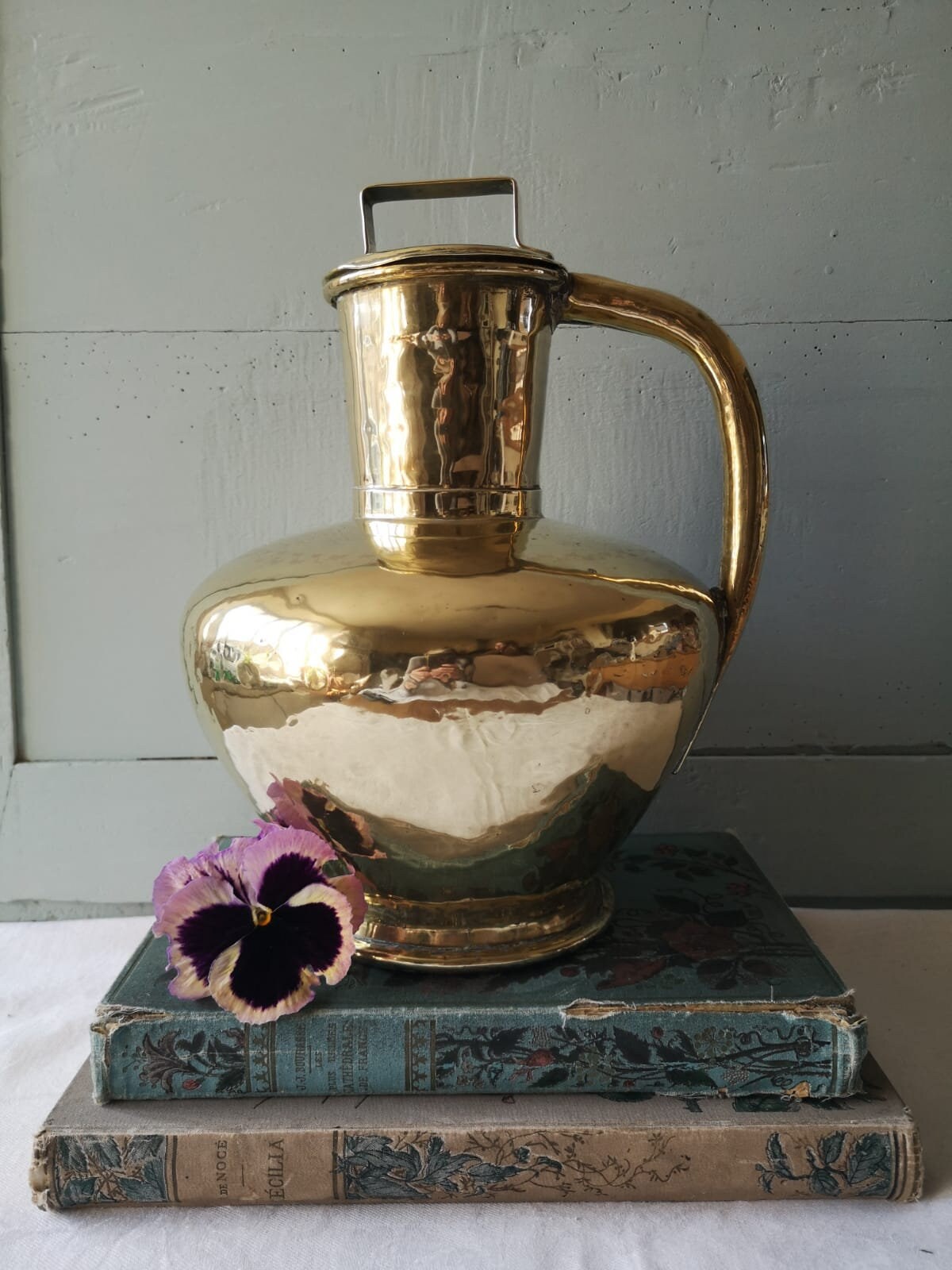 Barattage Français Lait en Laiton, Grande Cruche/Pichet Des Années 1800, Rare Canne Au Lait, Décor R