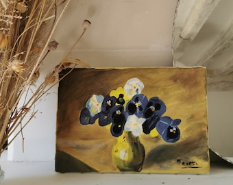 Peinture à l'huile sur toile vintage française, pensées violet blanc et jaune, peinture florale signée