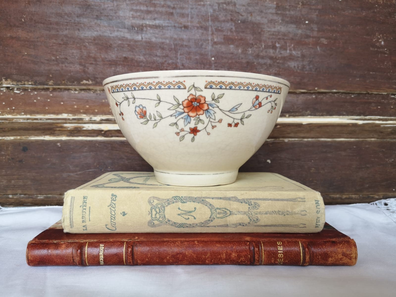 Français Vintage Ironstone Café Au Lait Bowl, Floral Design Transferware