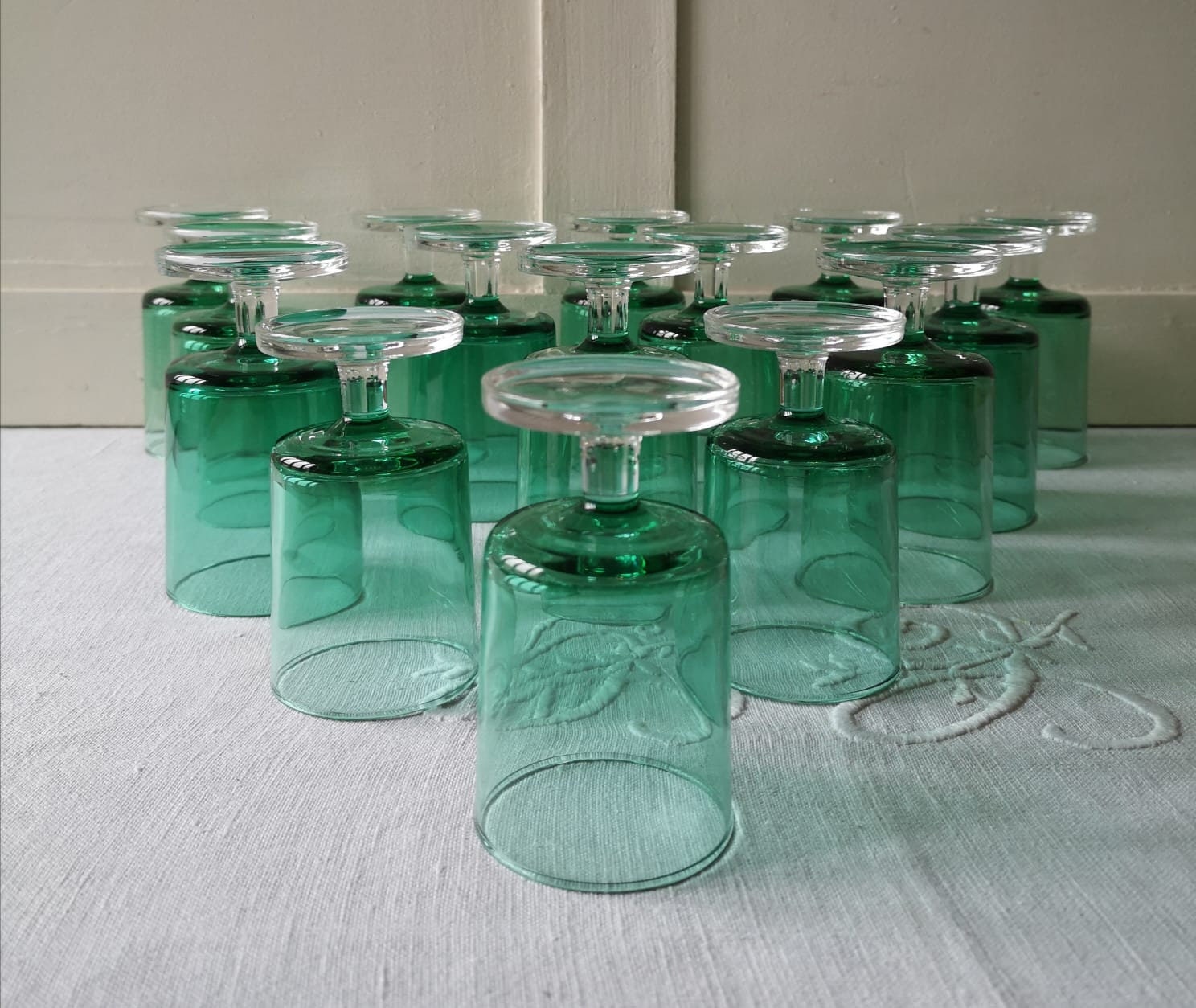 Français Verres Verts Vintage, Set de 12, Luminarc Cavalier, Verre Liqueur Vert Émeraude