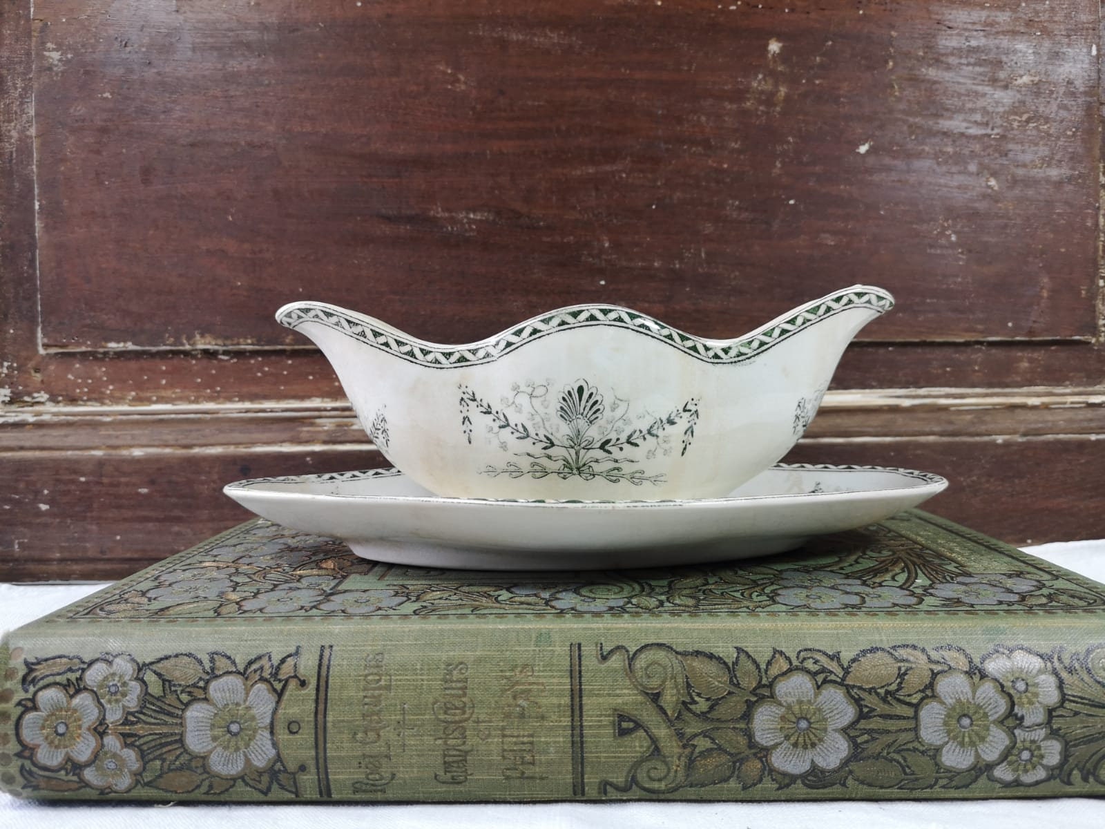 Français Antique Ironstone Sauce Boat, Saucière, Fabriqué Par Lg, Modèle Friedland', Pretty Green Fl