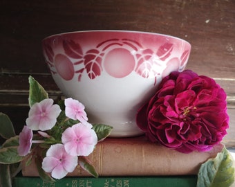 French Antique Large Ironstone Café Au Lait Bowl, Made by &#39;Badonviller&#39; Pink Red Floral Art Deco Design