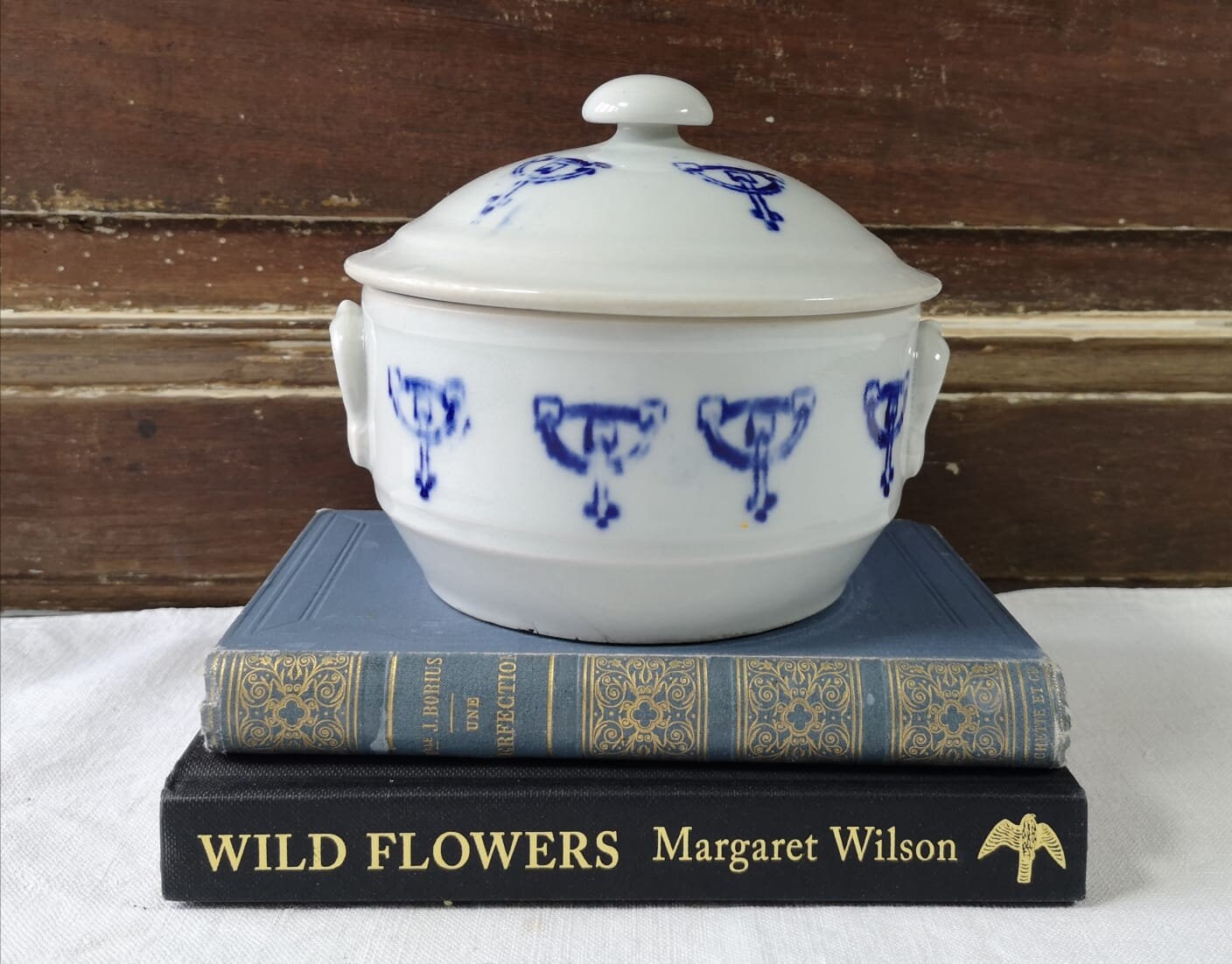 Français Antique Ironstone Small Tureen, Fabriqué Par st Uze', Motif Géométrique Bleu et Blanc