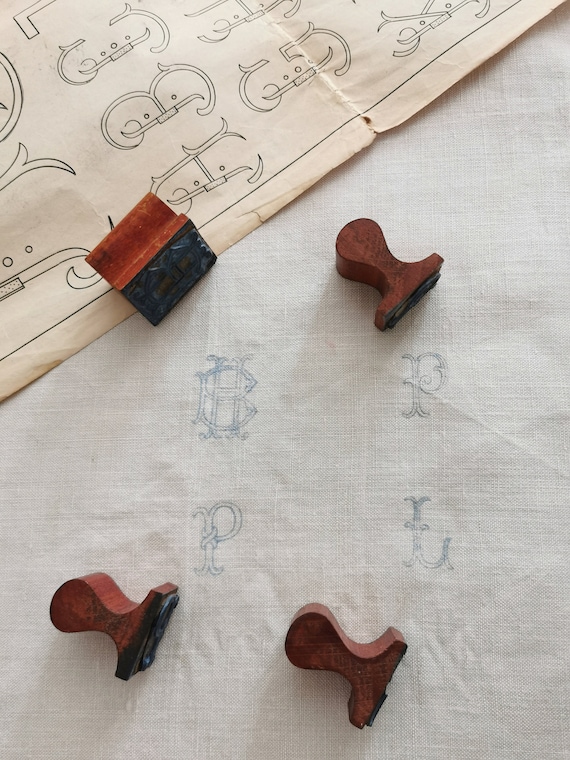 French Antique Monogram Wooden Stamps, Embroidery Initial Stamps