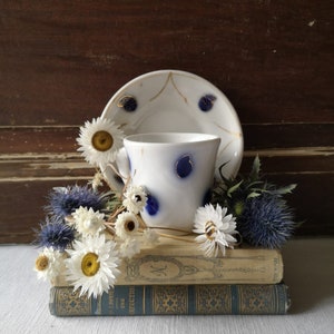 French Antique Bistro Coffee Cup And Saucer, 19th Century French White & Blue Brulot Cup and Saucer