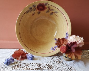 French Antique Ironstone Wash Bowl, Rose Pink & Blue Transferware