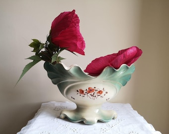 Jardinera antigua francesa de loza de hierro, cerámica con motivos florales de amapolas, Bruyn Fives Lilles