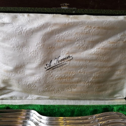 French Antique Silver Plated Forks, Set of 12, Marked shops Boxed ' A Kamm Châtellerault', 1900's French Tableware, Art Nouveau Design