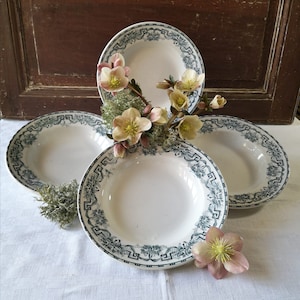 French Antique Ironstone Plates, Made by &#39;Moulin Des Loups & Hamage Nord&#39;, Model &#39;Athènes&#39;, Green Floral Transferware