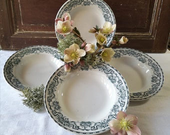 French Antique Ironstone Plates, Made by &#39;Moulin Des Loups & Hamage Nord&#39;, Model &#39;Athènes&#39;, Green Floral Transferware
