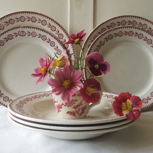 French Antique Ironstone Plates, Set of 7, Made by &#39;Gien&#39;, Model &#39;Athènes&#39;, Pink Floral Design