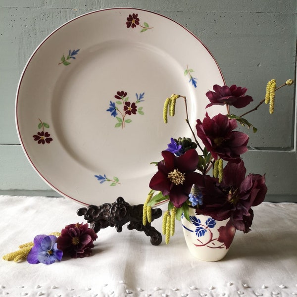 French Antique Ironstone Dinner Plate, Made by 'Moulin Des Loups & Hamage', Handpainted Floral design
