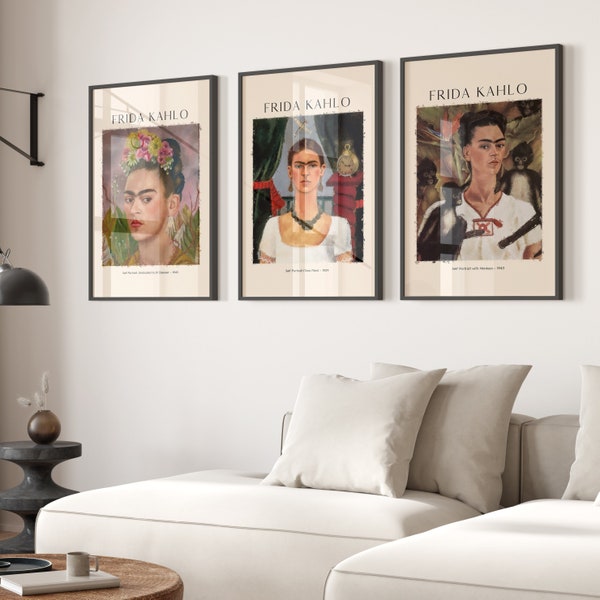 Frida Kahlo Print Set de 3, Gallery Wall Set, Frida Self Portrait, Frida Kahlo Exhibition Prints, Printable Print, Self Portrait