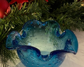 Beautiful Art Glass Hand Blown Bullicante Sapphire Blue Ashtray