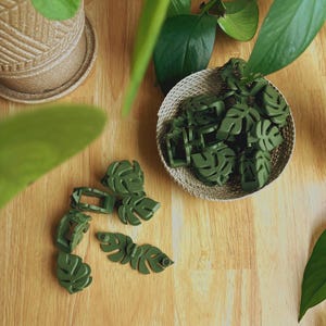 以下が含まれることがあります： 緑色の葉の形をした植物クリップとコネクタが木製の表面に散らばっており、一部は織りバスケットに入っています。 クリップは、つる植物をサポートし、訓練するように設計されています。 植木鉢と緑の葉が背景にあります。