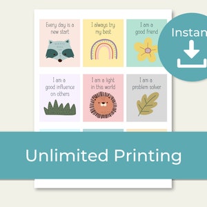 May include: A printable sheet featuring six square cards with pastel backgrounds, each displaying a unique illustration and an affirmation. Illustrations include a raccoon, rainbow, flower, grass, lion, and leaf, with text such as Every day is a new start.