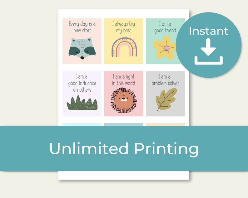 May include: A printable sheet featuring six square cards with pastel backgrounds, each displaying a unique illustration and an affirmation. Illustrations include a raccoon, rainbow, flower, grass, lion, and leaf, with text such as Every day is a new start.
