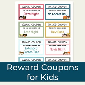 Może przedstawiać: Arkusz sześciu prostokątnych kuponów z nagrodami dla dzieci, każdy z napisem REWARD COUPON oraz THIS COUPON IS GOOD FOR ONE. Kupony zawierają napisy Pizza Night, No Chores Day, Late Night, New Book, Extended Screen Time oraz Movie Night.