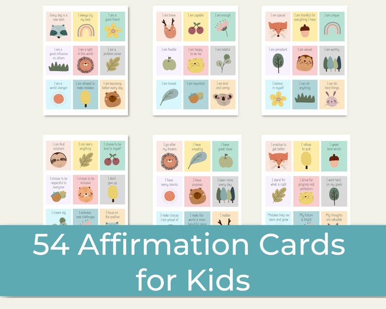 May include: A set of 54 affirmation cards for kids featuring colorful illustrations of animals, plants, and nature elements. Each card displays a positive affirmation statement in clear text. The cards are arranged in six grids on a light background.
