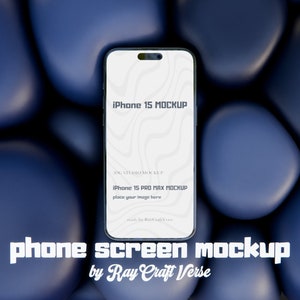 Puede incluir: Una maqueta de iPhone 15 blanca sobre un fondo azul. La pantalla del teléfono muestra el texto "iPhone 15 MOCKUP" y "iPhone 15 Pro Max MOCKUP". El texto "place your image here" también se muestra en la pantalla.