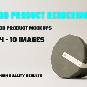 Puede incluir: Imagen de renderizado 3D de producto con una maqueta de producto geométrica gris. El texto incluye "3D PRODUCT RENDERING", "3D PRODUCT MOCKUPS", "4 - 10 IMAGES" y "HIGH QUALITY RESULTS". Una etiqueta blanca envuelve el producto.