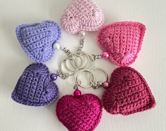 Keychain, Handmade Crochet Heart Keyrings, Charm, Loveheart Charm, Valentines gift, Pinks and Purple, Heart Charms, party favours,