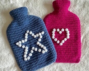 Love heart hot water bottle, Crochet hot water bottle cover, Hot water bottle cover, Hand made bottle cover, Bobble stitch heart and stars,