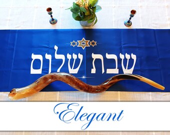 Shabbat Elevation Table Runner:  Elegant and Majestic Blue Shabbat Table Runner with Hebrew, Magen David & Sanctification Blessing