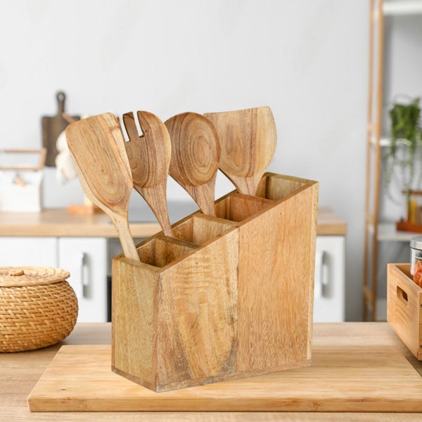 Handcrafted Solid Acacia Wood Multipurpose Cutlery Stand/Holder For Kitchen Utensils (9.8'' x 3.78'' x 9'')_Brown