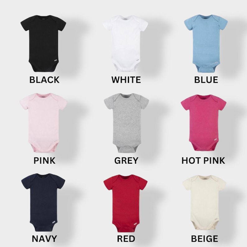 May include: Nine baby onesies in different colors: black, white, blue, pink, grey, hot pink, navy, red, and beige. The onesies are all short-sleeved and have a snap closure at the bottom.