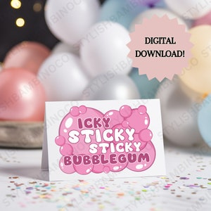 Icky Sticky Bubblegum afdrukbare Ms. Rachel Food Card | Mevrouw Rachel Food Tentkaart | Verjaardagsdownload van mevrouw Rachel | Mevrouw Rachel Feestdecoratie |