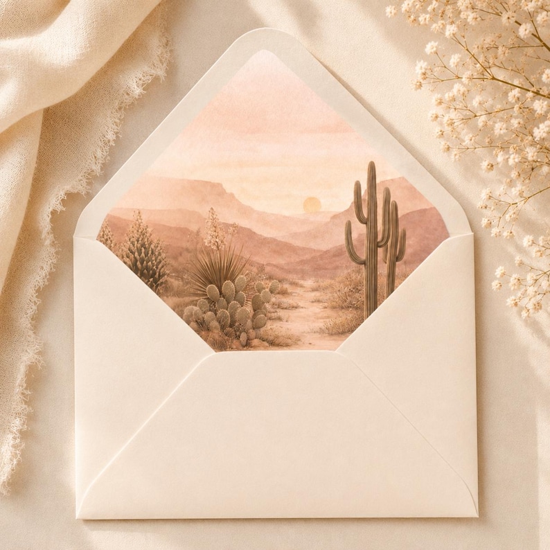 Pu&ograve; includere: Una busta aperta, color crema, rivela un paesaggio ad acquerello di una scena desertica. L'opera presenta un tramonto, montagne, cactus e piante del deserto in tonalit&agrave; marroni, beige e pesca. La busta &egrave; su uno sfondo neutro.
