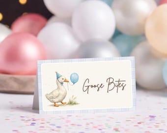 One Silly Goose 1st Birthday Food Labels | Editable in Canva | Instant Download Boy Goose Party Tent Cards