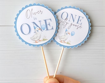 Silly Goose Cupcake Toppers | 1st Birthday Cupcake Toppers | Goose Birthday Party Decorations | First Birthday Blue Decor