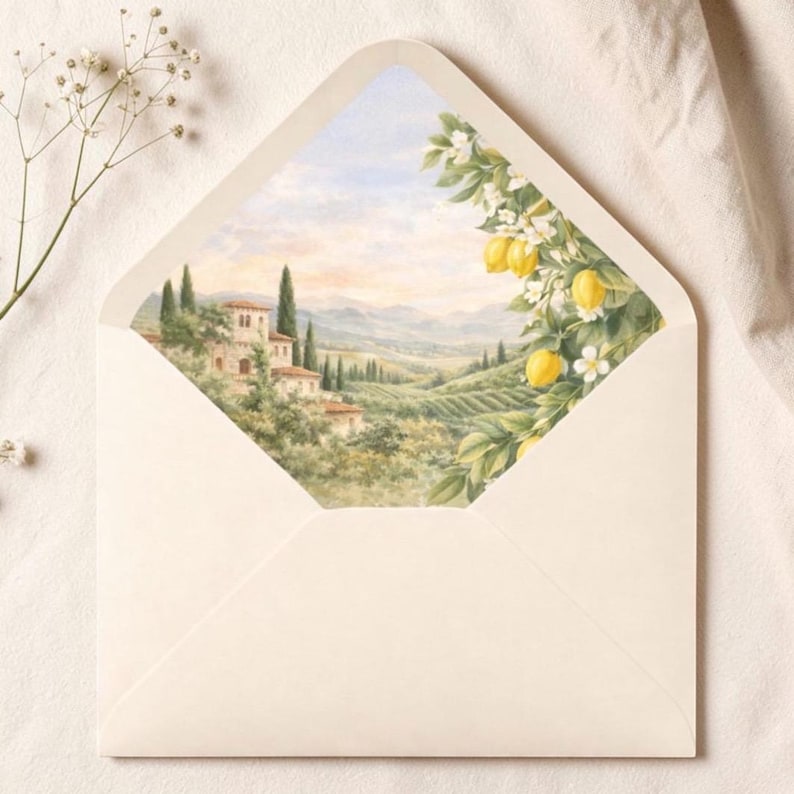 Puede incluir: Un sobre abierto, de color crema, revela un paisaje acuarelado de una villa toscana, cipreses y colinas. Un limonero con frutos amarillos y flores blancas enmarca la escena. El sobre est&aacute; sobre una superficie color crema.