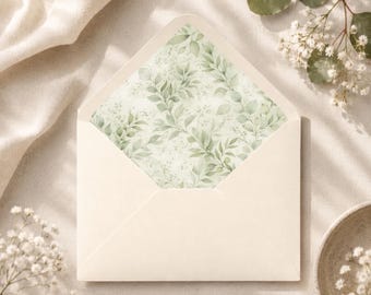 Forro para sobre de boda verde salvia A7 / Inserto de invitación de boda botánico con vegetación / Papelería de boda floral elegante y neutra