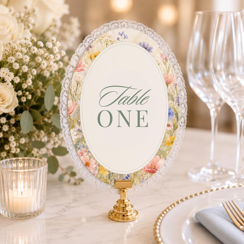 K&ouml;nnte beinhalten: Ein ovales Tischnummernschild mit einem Blumenmuster-Rand aus rosa, gelben und blauen Wildblumen, eingefasst in wei&szlig;e Spitze. Die Mitte ist cremefarben mit dem Text Table ONE in salbeigr&uuml;ner Serifenschrift auf einem goldfarbenen Metallst&auml;nder.
