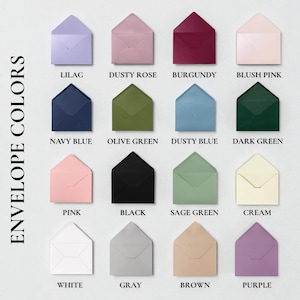 Puede incluir: Una carta de colores de sobres en varios tonos, incluyendo lila, rosa empolvado, burdeos y rosa rubor. Otros colores incluyen azul marino, verde oliva, azul polvoriento, verde oscuro, rosa, negro, verde salvia, crema, blanco, gris, marr&oacute;n y morado. Texto: "ENVELOPE COLORS".