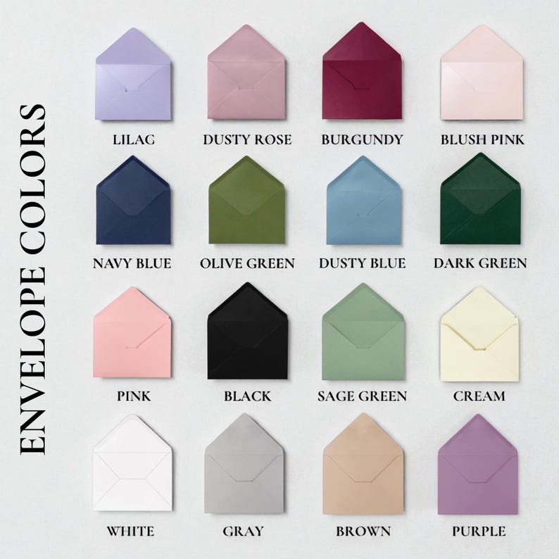 Puede incluir: Una carta de colores de sobres en varios tonos, incluyendo lila, rosa empolvado, burdeos y rosa rubor. Otros colores incluyen azul marino, verde oliva, azul polvoriento, verde oscuro, rosa, negro, verde salvia, crema, blanco, gris, marr&oacute;n y morado. Texto: "ENVELOPE COLORS".