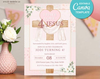 Jezus verjaardagsuitnodiging voor meisje | Christelijke verjaardagsuitnodiging | Sjabloon roze bloemen Faith Party | I Have Love 4 Jesus-thema