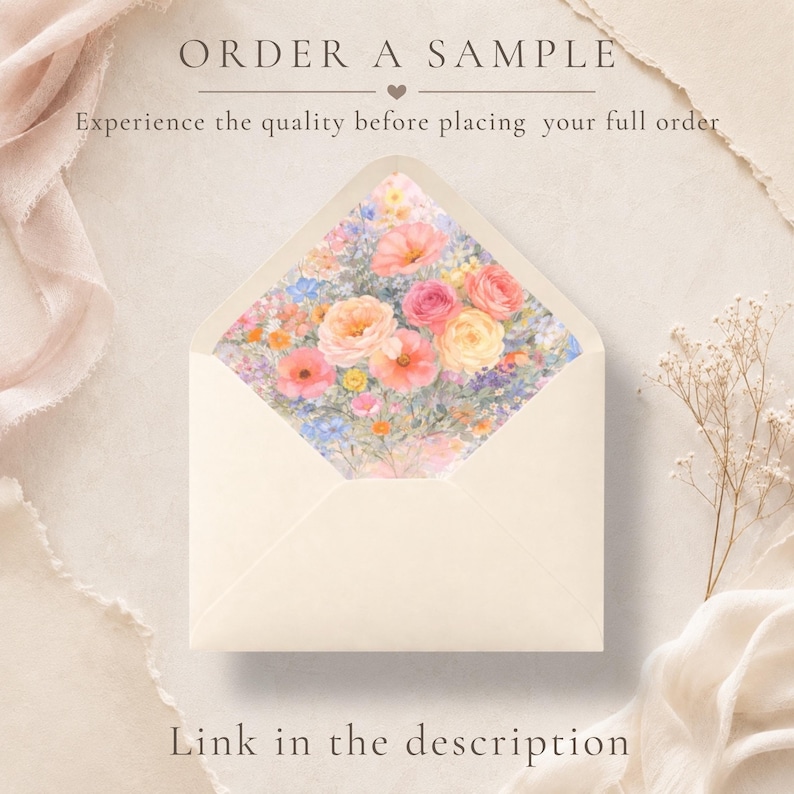 Puede incluir: Sobre color crema con un dise&ntilde;o floral interior con flores rosas, melocot&oacute;n y amarillas. El texto "ORDER A SAMPLE" y "Experience the quality before placing your full order" se muestran en la parte superior. El texto "Link in the description" est&aacute; en la parte inferior.